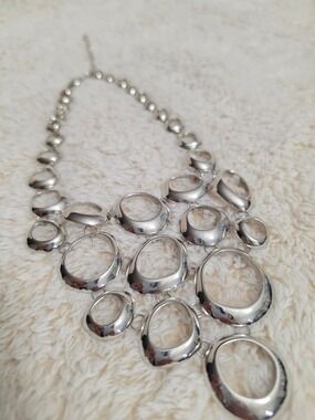 Silver Statement Bib Necklace Chunky Organic Circle Links